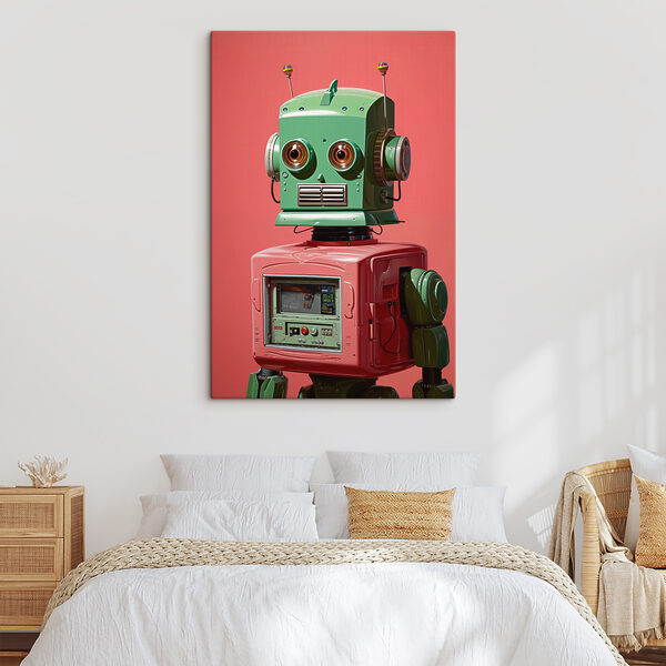 Zielono-różowy robot z dużymi oczami Obraz Zielono-różowy robot z dużymi oczami