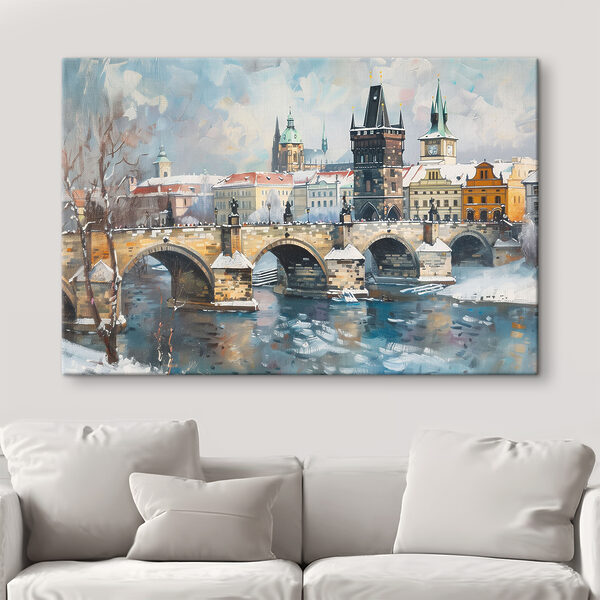 Most nad wodą z budynkami i śniegiem Obraz Most nad wodą z budynkami i śniegiem