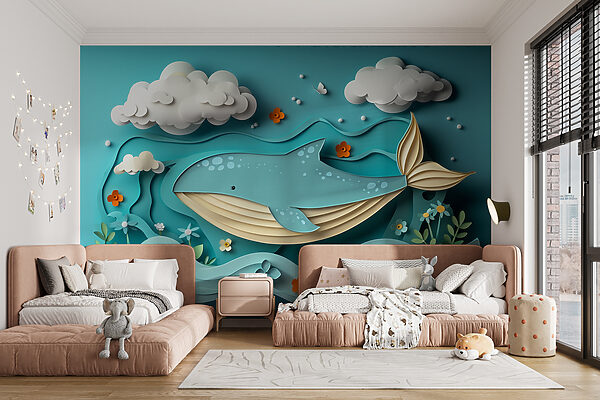 Wieloryb wycięty z papieru w oceanie Fototapeta Wieloryb wycięty z papieru w oceanie