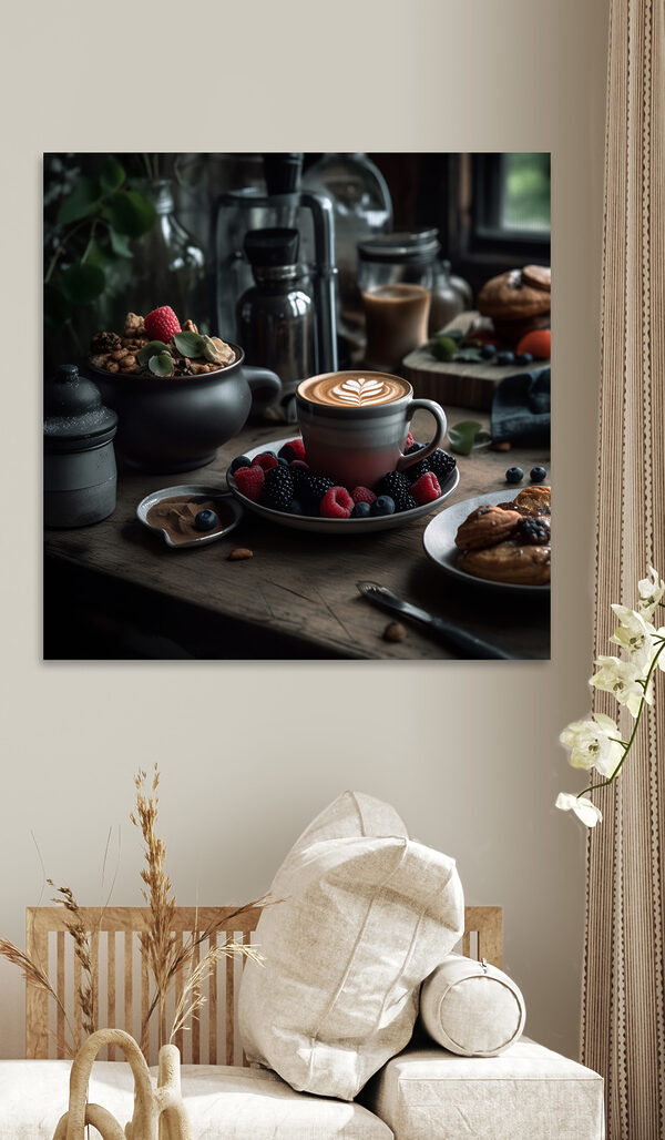 Filiżanka kawy z latte art na talerzu z owocami i płatkami zbożowymi Obraz Filiżanka kawy z latte art na talerzu z owocami i płatkami zbożowymi