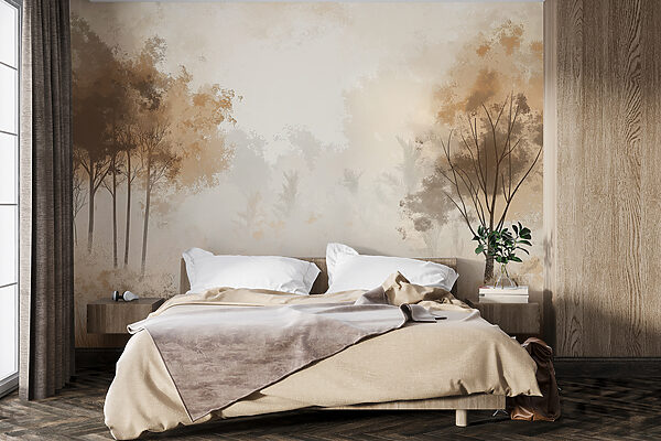 Fototapeta Mglisty las z drzewami i trawą