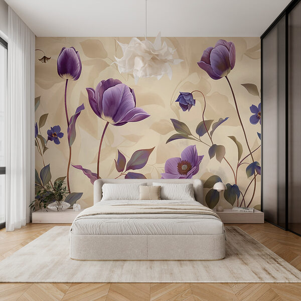 Fioletowe kwiaty na beżowym tle Fototapeta Fioletowe kwiaty na beżowym tle