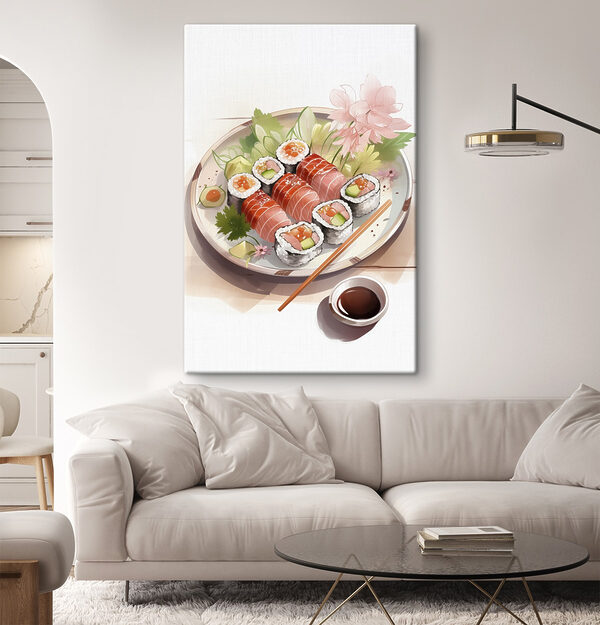 Talerz sushi z sosem i kwiatami Obraz Talerz sushi z sosem i kwiatami