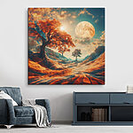 Obraz Krajobraz z drzewami, górami i księżycem