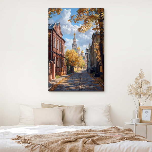 Ulica z budynkami i drzewami Obraz Ulica z budynkami i drzewami