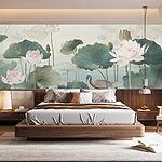 Fototapeta Kaczka w stawie z kwiatami lotosu