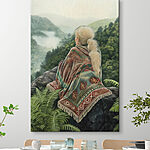 Obraz Kobieta siedząca na skale i patrząca na zamgloną dolinę