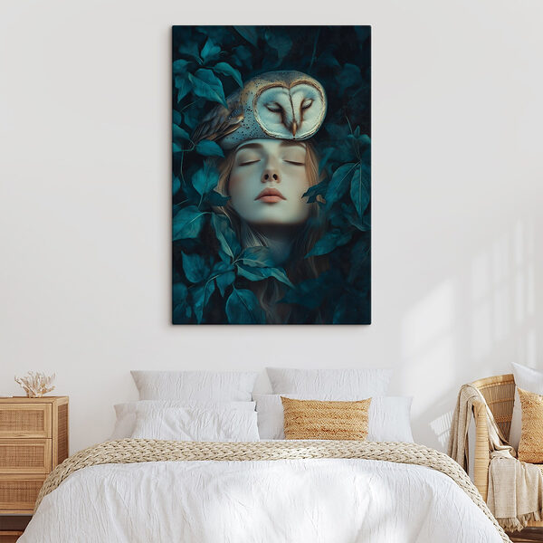 Canvas prints Woman with an owl on her head Obraz Canvas prints Woman with an owl on her head