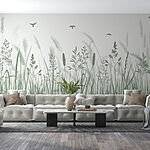 Fototapeta Pole trawy z przelatującymi ptakami