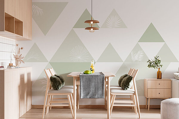 Wall murals White and green triangles with a pattern of leaves Fototapeta Wall murals White and green triangles with a pattern of leaves