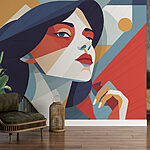 Fototapeta Kobieta z niebieskimi włosami i czerwono-białym makijażem