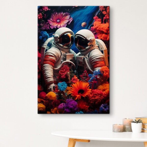 Dwóch astronautów w skafandrach kosmicznych i kwiaty Obraz Dwóch astronautów w skafandrach kosmicznych i kwiaty