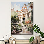 Obraz Akwarela przedstawiająca budynek z wieżą i schodami