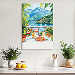 Obraz Canvas prints Watercolor painting of a table with drinks and a view of a lake