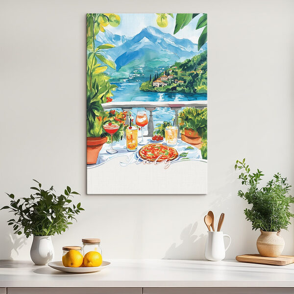 Canvas prints Watercolor painting of a table with drinks and a view of a lake Obraz Canvas prints Watercolor painting of a table with drinks and a view of a lake