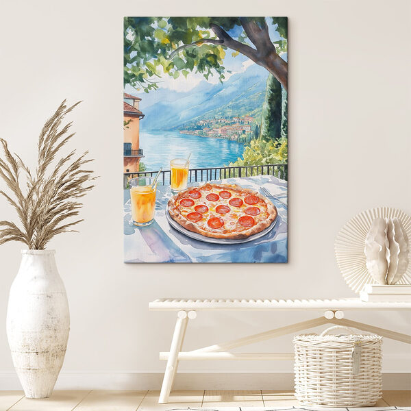 Akwarela przedstawiająca pizzę i napoje na stole Obraz Akwarela przedstawiająca pizzę i napoje na stole