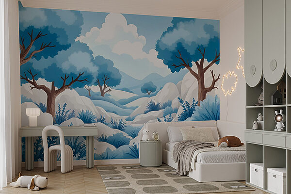 Fototapeta Śnieżny krajobraz z drzewami i krzewami