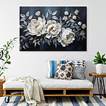 Obraz Białe kwiaty i liście na niebieskim tle