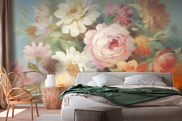 Fototapeta Malowanie kwiatów na niebieskim tle