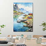 Obraz Akwarela rzeki z łodzią i domami na niej