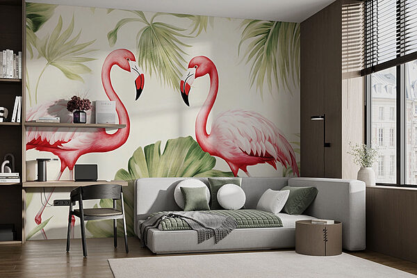 Para różowych flamingów z zielonymi liśćmi Fototapeta Para różowych flamingów z zielonymi liśćmi