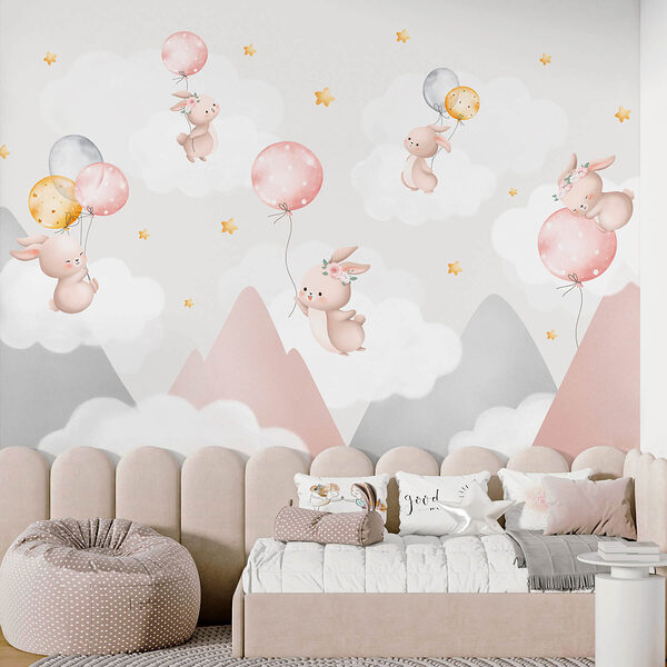 Fototapeta Grupa króliczków trzymających balony na niebie (SKU: w03375) Fototapeta Fototapeta Grupa króliczków trzymających balony na niebie (SKU: w03375)