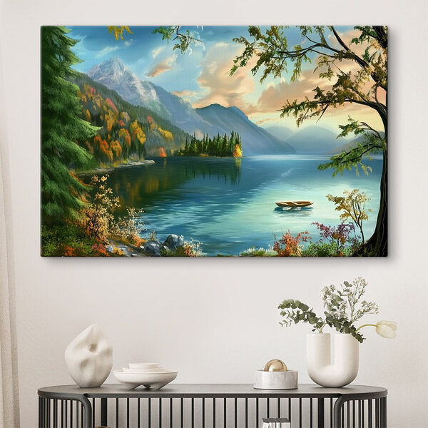 Wydruk na płótnie Łódź na jeziorze otoczonym górami
