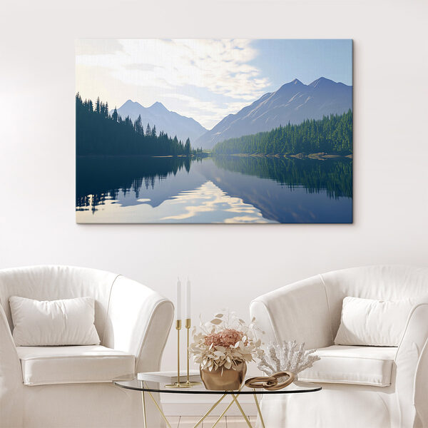 Obraz Jezioro z drzewami i górami w tle