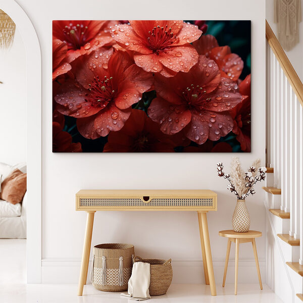 Obraz Grupa czerwonych kwiatów z kroplami wody