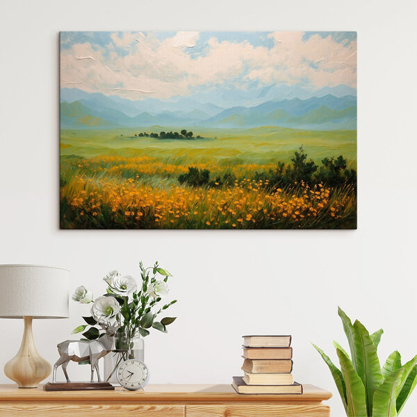 Wydruk na płótnie Pole kwiatów i góry
