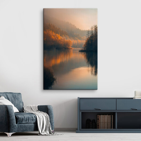 Obraz Jezioro z drzewami i górami w tle