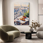 Obraz Śniadanie na stole z filiżanką kawy i truskawkami