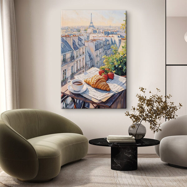 Śniadanie na stole z filiżanką kawy i truskawkami Obraz Śniadanie na stole z filiżanką kawy i truskawkami