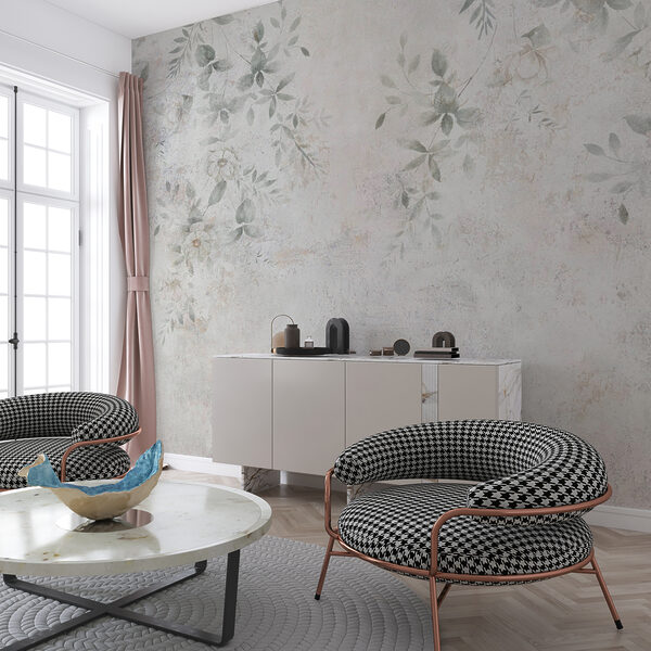 Fototapeta Biała ściana z namalowanymi liśćmi