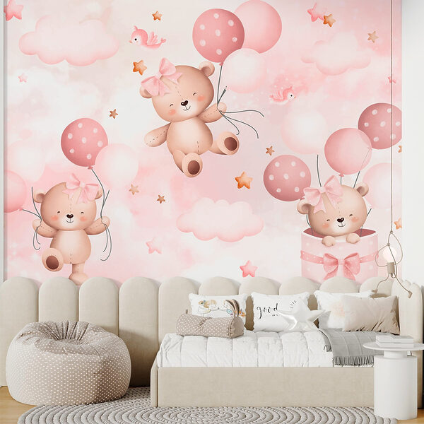 Grupa pluszowych misiów trzymających balony Fototapeta Grupa pluszowych misiów trzymających balony
