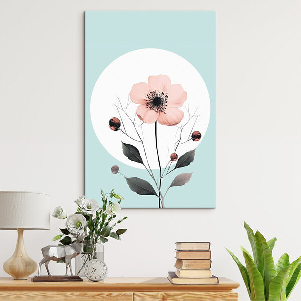 Wydruk na płótnie Różowy kwiat z czarnym środkiem i liśćmi