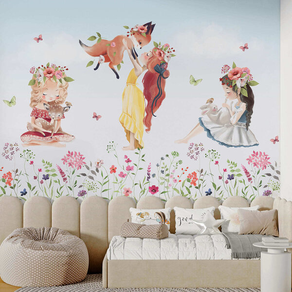 Grupa dziewcząt trzymających zwierzęta na polu kwiatów Fototapeta Grupa dziewcząt trzymających zwierzęta na polu kwiatów