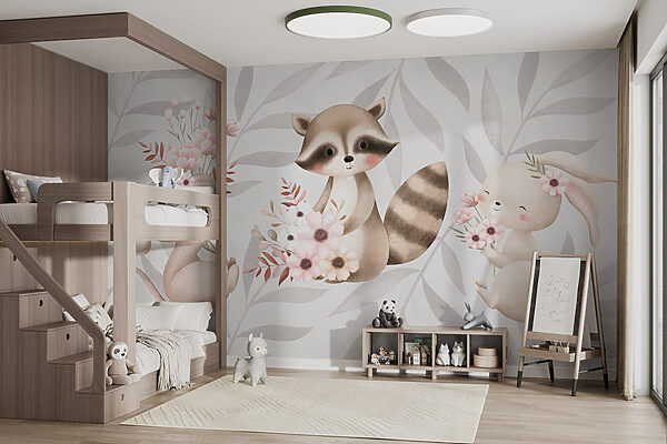 Fototapeta Szop i królik trzymający kwiaty