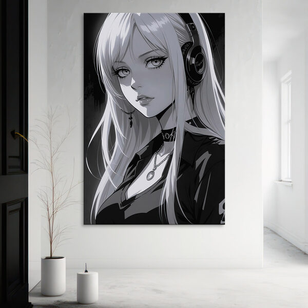 Kobieta z długimi blond włosami w słuchawkach Obraz Kobieta z długimi blond włosami w słuchawkach