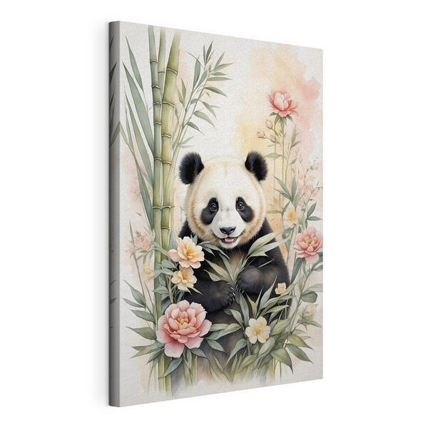 Miś panda z kwiatami i bambusem Wydruk na płótnie Miś panda z kwiatami i bambusem
