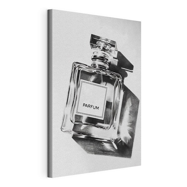 Czarno-białe zdjęcie butelki perfum Wydruk na płótnie Czarno-białe zdjęcie butelki perfum