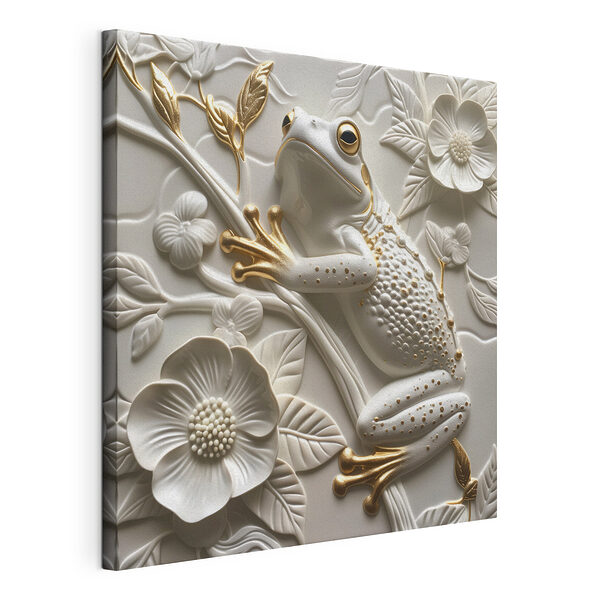 Elegancka ceramiczna żaba wśród kwiatów Wydruk na płótnie Elegancka ceramiczna żaba wśród kwiatów