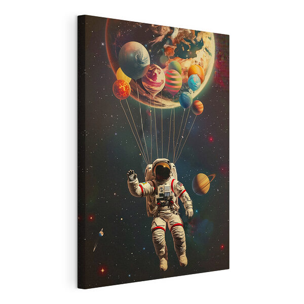 Wydruk na płótnie Astronauta unoszący się w przestrzeni kosmicznej z balonami