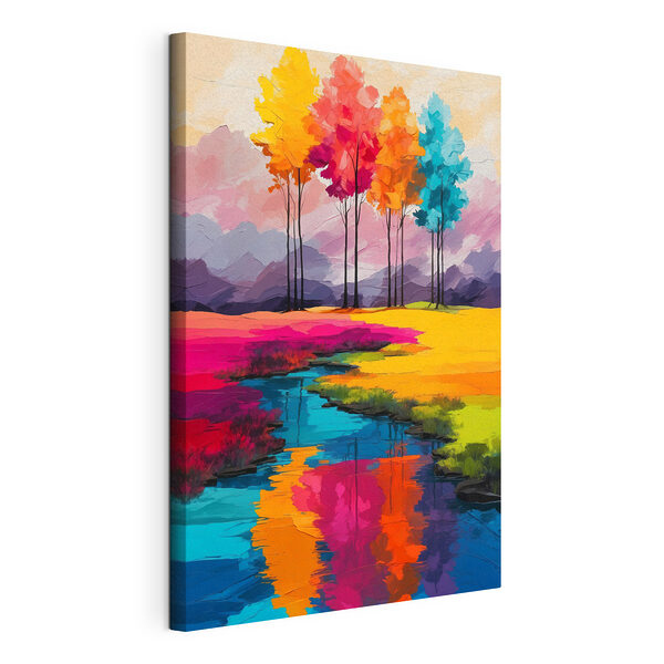 Wydruk na płótnie Canvas prints Painting of a river running through a field of colorful trees