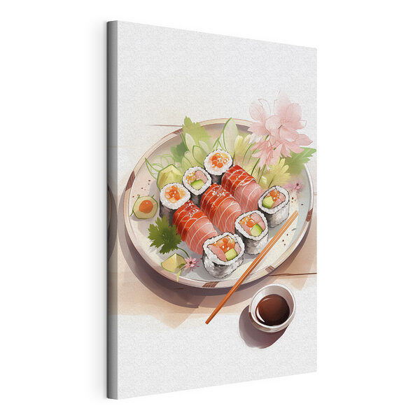 Talerz sushi z sosem i kwiatami Wydruk na płótnie Talerz sushi z sosem i kwiatami