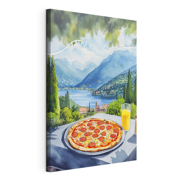 Pizza i sok na stole z górami i drzewami Wydruk na płótnie Pizza i sok na stole z górami i drzewami