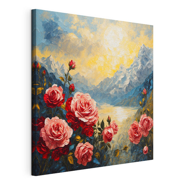 Malowanie kwiatów i gór Wydruk na płótnie Malowanie kwiatów i gór