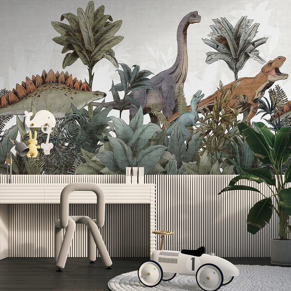 Fototapeta Dinozaury wędrujące przez bujne liście