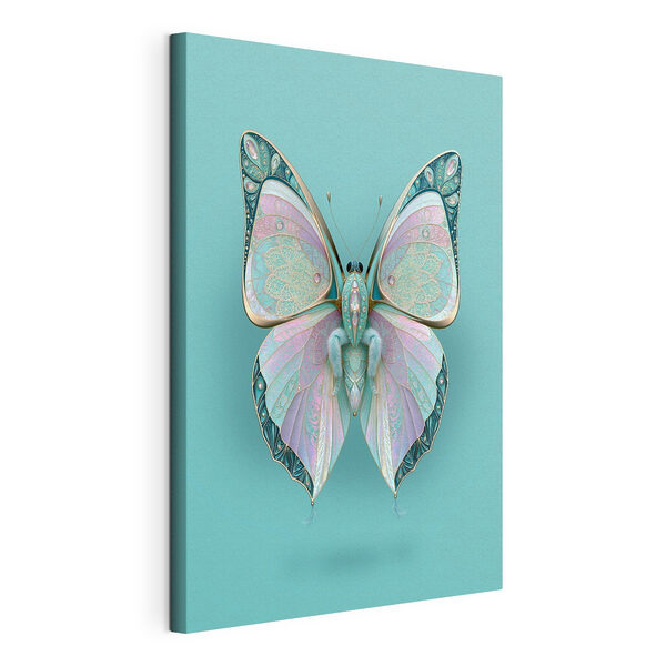 Wydruk na płótnie Motyl ze skrzydłami na niebieskim tle (SKU: s49864) Wydruk na płótnie Wydruk na płótnie Motyl ze skrzydłami na niebieskim tle (SKU: s49864)