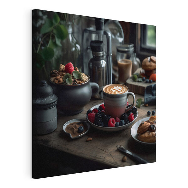 Filiżanka kawy z latte art na talerzu z owocami i płatkami zbożowymi Wydruk na płótnie Filiżanka kawy z latte art na talerzu z owocami i płatkami zbożowymi